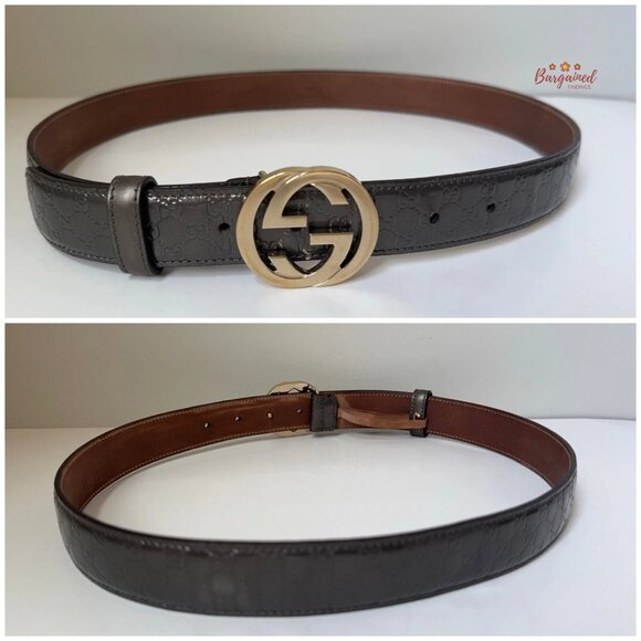 Authentic Gucci Gray Metallic Guccissima Leather Gold GG Buckle Belt 80/32 - Picture 7 of 13